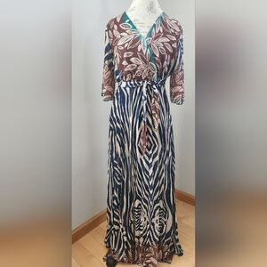 LIBERO MILANO maxi V neck dress brown and blue with pleated bottom ONE SIZE
